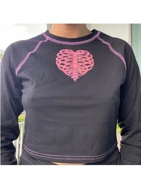 Black Skeleton Crop Long Sleeve Top